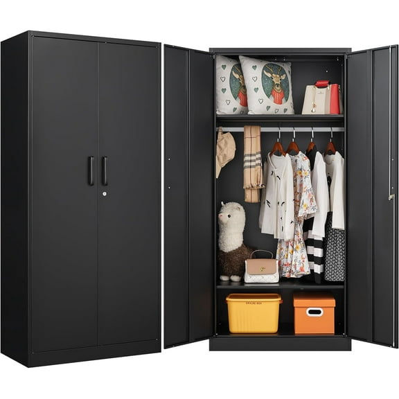 Metal Wardrobe Cabinet with Hanging Rod & Lock,Black Armoire Wardrobe Closet,Metal Clothing Storage Cabinet with Adjustable Shelves and Doors,72" Amroire Storage Cabinets for Home,Living/Laundry Room