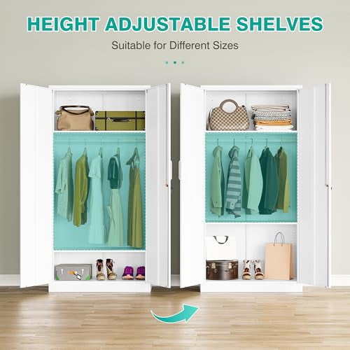 Metal Wardrobe Cabinet with Hanging Rod & Lock,White Armoire Wardrobe ...