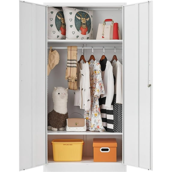 Metal Wardrobe Cabinet with Hanging Rod & Lock,White Armoire Wardrobe Closet,Metal Clothing Storage Cabinet with Adjustable Shelves and Doors,72" Armoire Storage Cabinets for Home,Living/Laundry Room