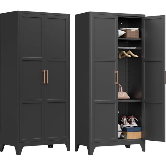Metal Wardrobe Cabinet with Hanging Rod,Metal Clothing Storage Cabinet with Adjustable Shelves,Wardrobe Closet for Home Office,Laundry Room,School,Employee,Gym,Government (Black)