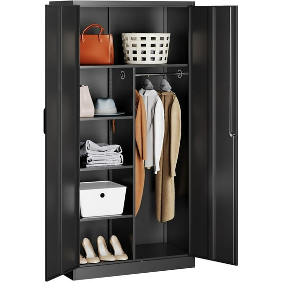 Metal Wardrobe Cabinet with Lock,72" Armoire Closet with Hanging Rod,Lockable Storage Locker,Black Storage Cabinet with Locking Doors,Garage Closet,Steel Wardrobe for Home,Bedroom,Office,Employee