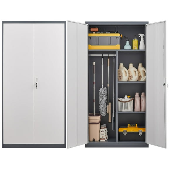 Metal Wardrobe Cabinet with Hanging Rod, 71" Tall Lockable Clothing Storage Cabinets with Anti-Theft keys, Armoire Wardrobe Closet for Bedroom, Grey