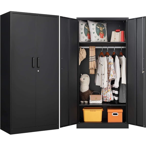 Metal Wardrobe Cabinet with Hanging Rod, Adjustable Shelves, Lock & Wall-Mounting Hardware  72" H x 36" W x 18" D