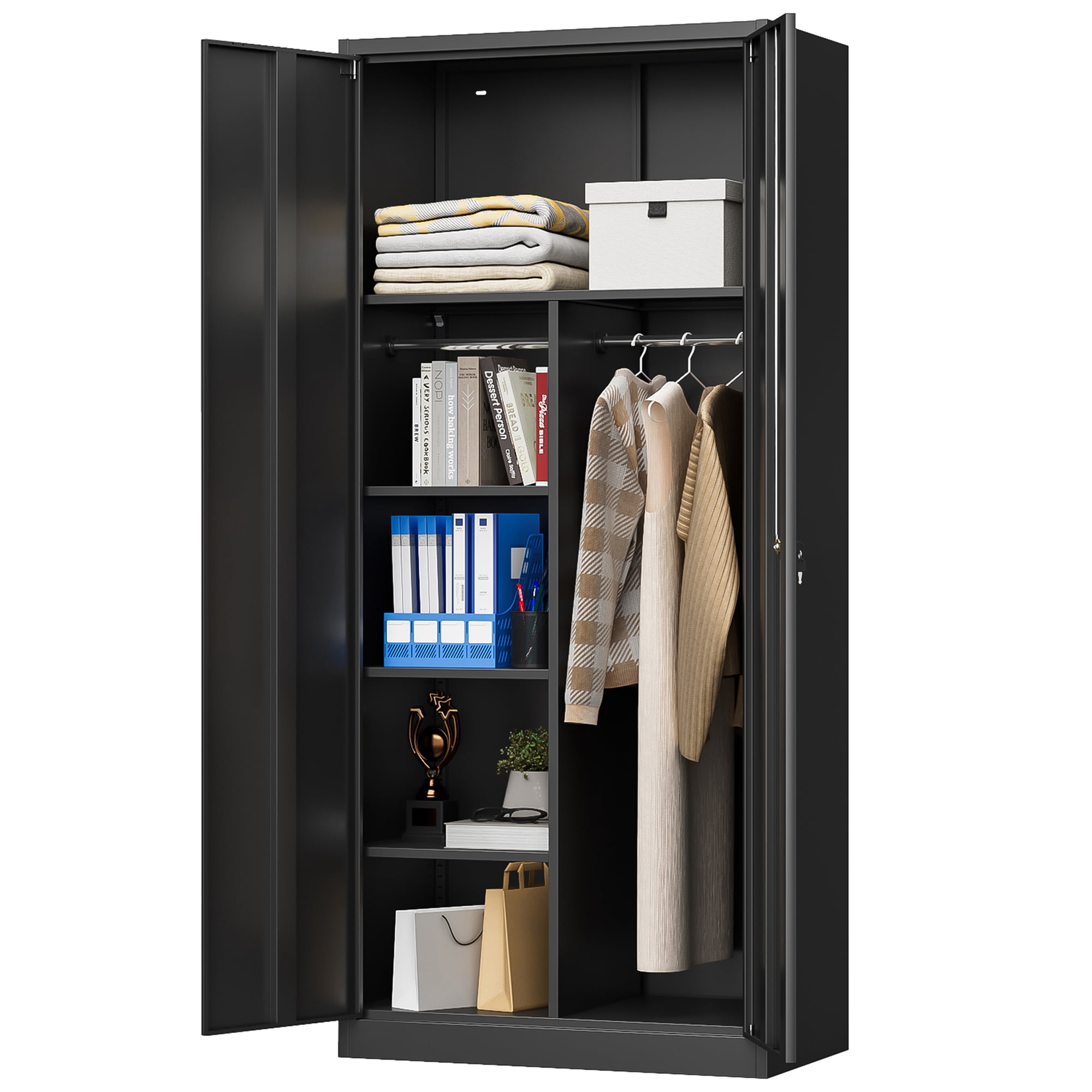 Bestoo Metal Wardrobe Cabinet with Lock, 71" Garage Wardrobe Closet with Hanging Rod, Steel Wardrobe Storage Locker for Home Office, Gym, Employees, Black