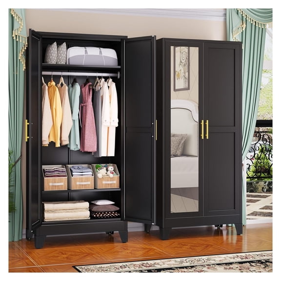 Metal Wardrobe Cabinet with Mirror and Hanging Rod, 71" Black