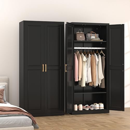 Metal Wardrobe CabinetsArmoire Wardrobe Closet with Hanging Rod,Clothes Storage Cabinet with Adjustable Shelves and Doors, Clothing Cabinet for Bedroom, Office, Laundry Room
