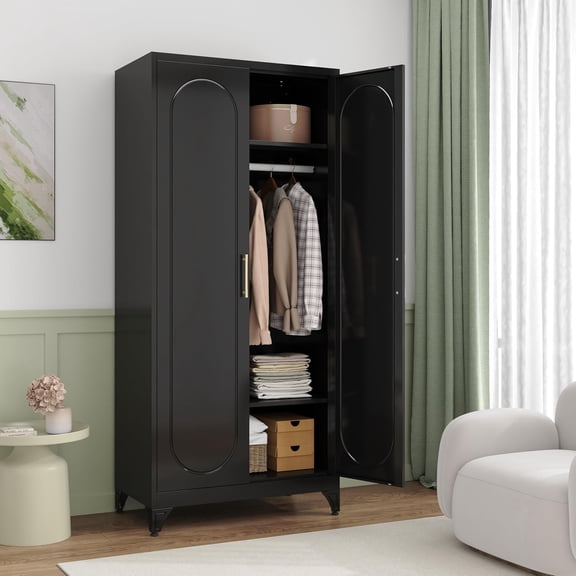 Metal Wardrobe Cabinets,Black Armoire Wardrobe Closet with Hanging Rod,Clothes Storage Cabinet with Adjustable Shelves and Doors,Clothing Cabinet for Bedroom, Office, Laundry Room