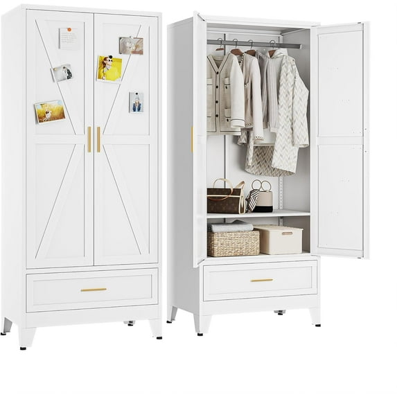 Metal Wardrobe Closet Cabinet with Drawers,71" H Large Bedroom Armoires with Shelves and Hanging Rod,Wardrobe Storage Cabinet with 2 Doors, 1 Adjustable Shelf and Drawers (1Drawer, White)