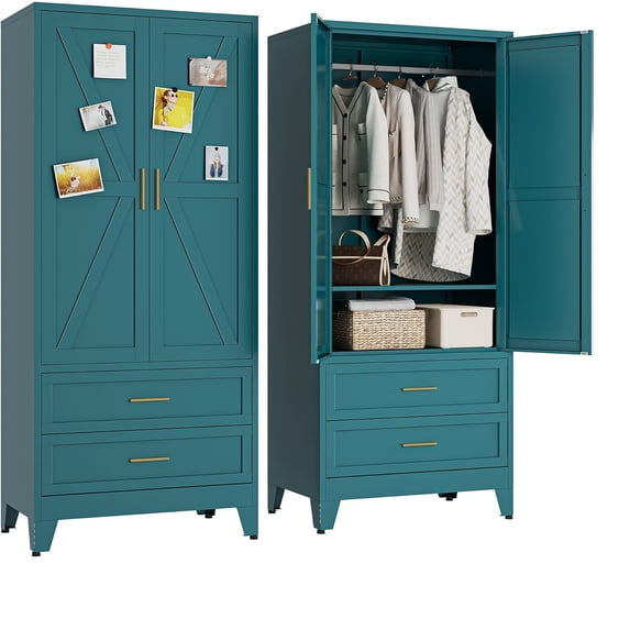 Metal Wardrobe Closet Cabinet with Drawers,71" H Large Bedroom Armoires with Shelves and Hanging Rod,Wardrobe Storage Cabinet with 2 Doors, 1 Adjustable Shelf and Drawers (2Drawer, Blue)