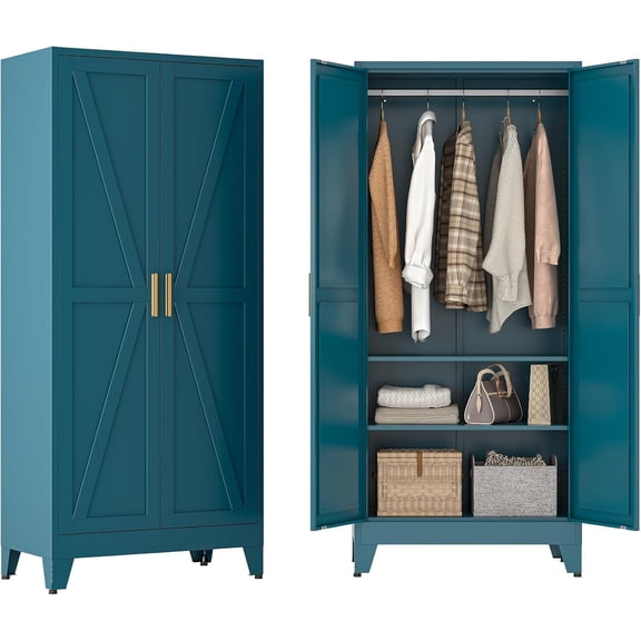 Metal Wardrobe Closet with Doors and Shelves, 71" Farmhouse Bedroom Armoire with Hanger Rod and Clothing Shelf, White Steel Wardrobe Cabinet Storage Clothes Closet