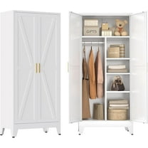 Metal Wardrobe Closet with Doors and Shelves, 71" Farmhouse Bedroom Armoire with Hanging Rod and Clothing Shelf, White Steel Wardrobe Cabinet for Bedroom