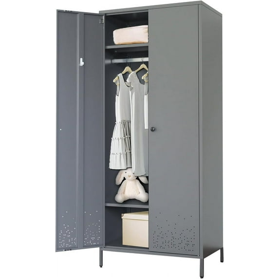 Metal Wardrobe, Storage Wardrobe Adjustable Shelves and Hanging Rod, Metal Clothing Storage for Home, Office, Garage and Changing Room 74" H x 31.5" W x 20" D (Dark Gray)