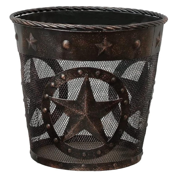 Metal Waste Basket with Stars & Studs - 12.5" Rustic Farmhouse Trash Can - Decorative Western Style Bin for Bathroom, Bedroom, Office - Dark Golden Brown