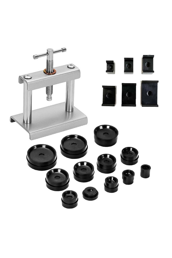 Metal Watch Press Tool Set with 18 ABS Dies for Back Case Closing and Battery Replacement, for Round and Square Watch Covers, Easy Precise Pressure Control, Silver
