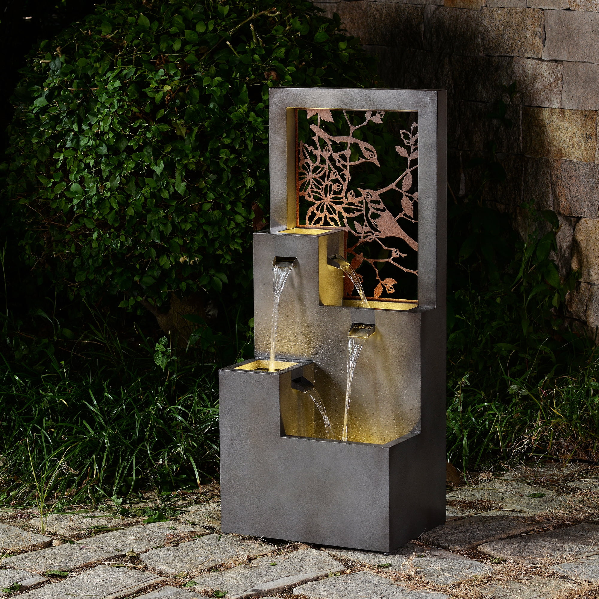 Metal Water Fountain with Bird Design and LED Lights - Outdoor