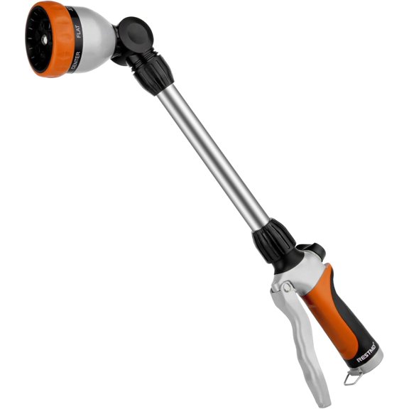 Metal Watering Wand, Heavy Duty Garden Hose Wand with 180? Swivel Ratcheting , 16'' Hose Nozzle Sprayer with 7 Patterns and Flow Control, for Water Baskets and Shrubs, Orange