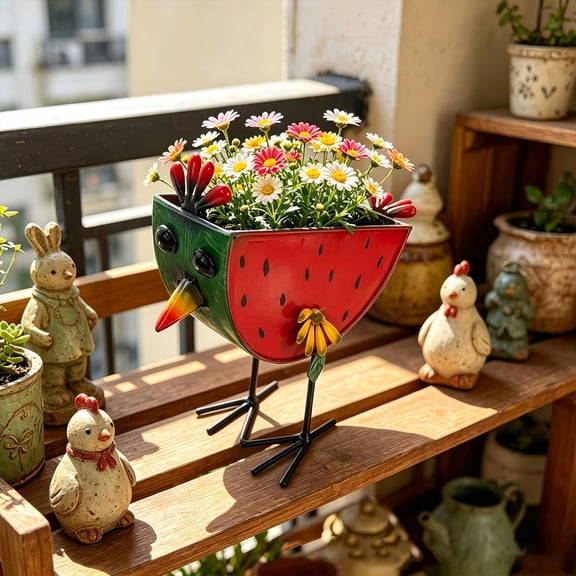 Metal Watermelon Chicken Shaped Planter Pot, Decorative Iron Flower Pot with Standing Base, Rustic Animal Plants Container for Greenery Herb Small Plants, Garden Patio Tabletop Home Kitchen Decor