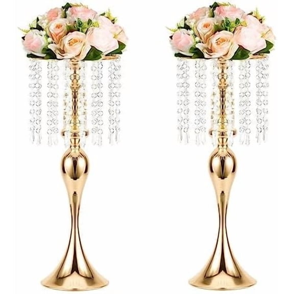 Metal Wedding Centerpieces for Table, Crystal Flower Stands, Wedding Road Lead Flower Holders, Crystal Mermaid Chandelier Flower Vases for Birthday Party Event Wedding Home Decor (Gold, 21.3"-2pcs)