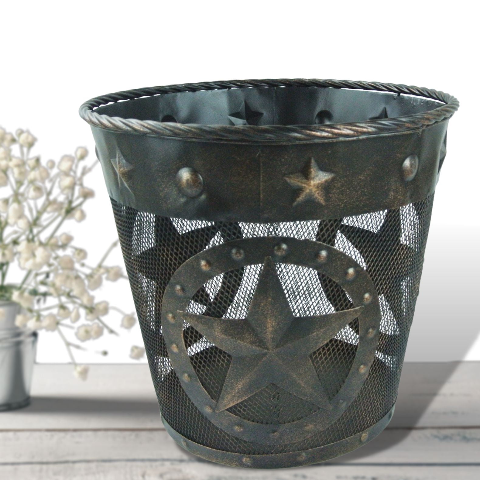 Metal Western Star Wastebasket Trash Can Bath Kitchen Office Cabin