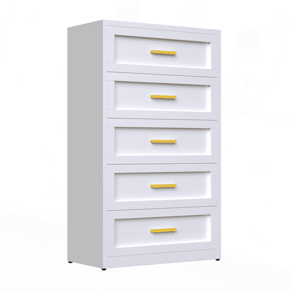 Metal White 5 Drawer Dresser for Bedroom, Tall Bedroom Dresser with Large Drawer & Golden Handles,Metal Storage Organizer Cabinet Chest of Drawer for Closet
