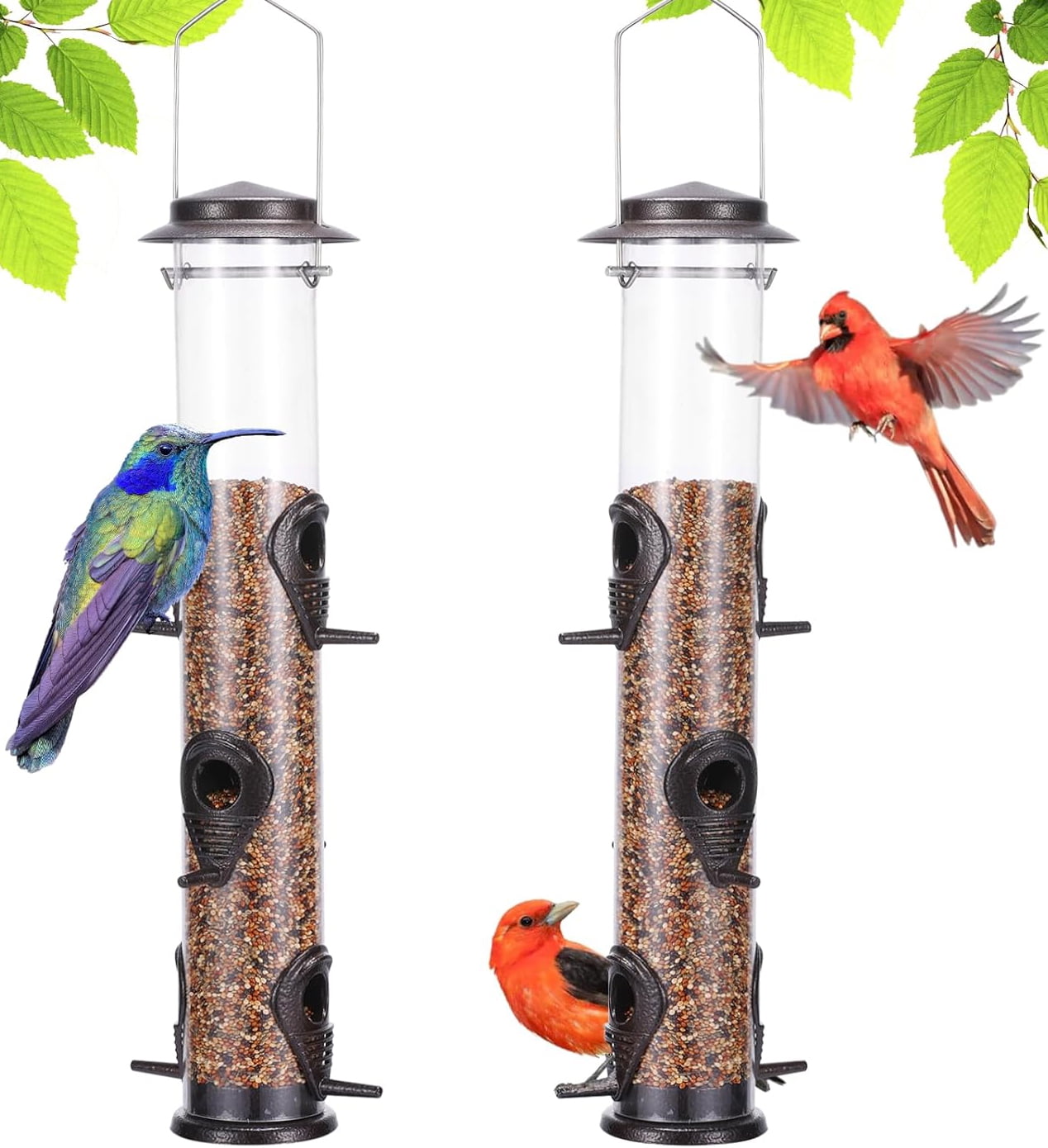 Metal Wild Bird Feeder Squirrel Proof Hanging Tube Feeder Transparent Finch Feeder with Steel Hanger (Coffee)