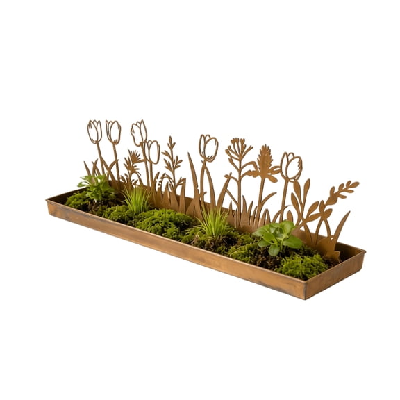 Metal Wildflower Silhouette Trough Planter, Rustic Brown Tabletop Micro Garden Display for Succulents and Moss, 19.88 in