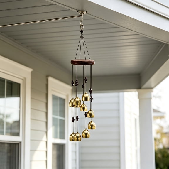 Metal Wind Chime with Brass Bells and Wooden Beads, Layered Hanging Ornament for Garden Patio Porch, Soothing Sound Outdoor Decor for Window Balcony