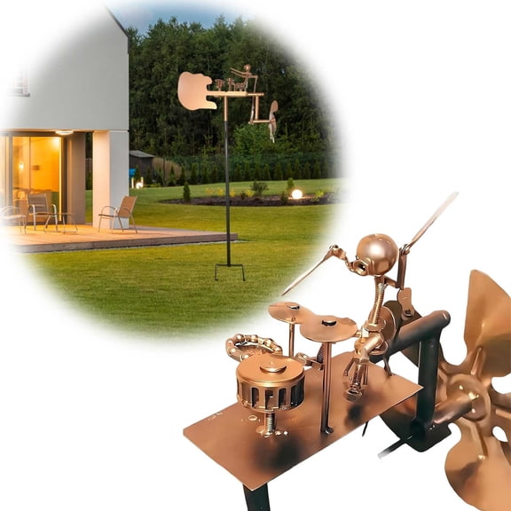 Metal Windmill Drummer Kinetic Wind Spinner - Steampunk Garden Stake Outdoor Yard Art, Unique Musical Percussionist Sculpture Decor for Patio Lawn Terrace