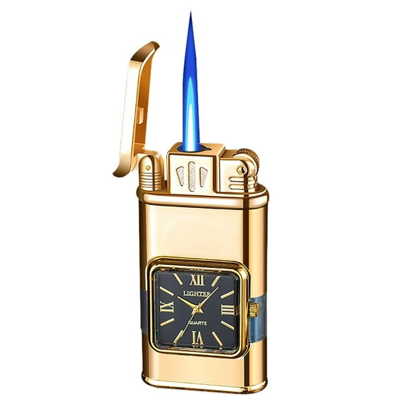 A Metal Windproof Straight Blue Flame Lighter With Transparent Gas Chamber And Clock Design Refillable Butane Lighter For Outdoor Camping Candle Ignition Gift For Men