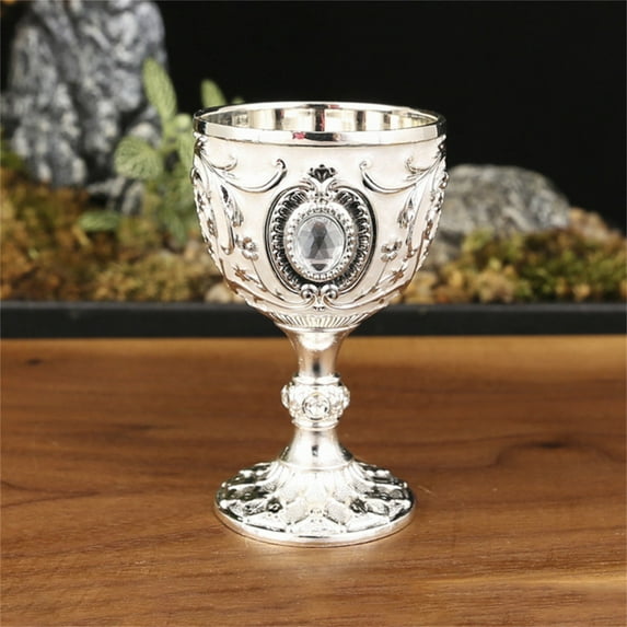 Metal Wine Glass,Vintage Medieval Goblet Drinking Glass,Party Supplies Handmade Novelty Engraving Metal Wine Cup Desktop Decoration(1PCS,White)