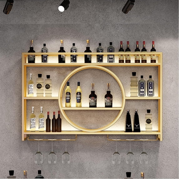 Metal Wine Rack Bar Shelves Wall Mounted Kitchen Storage With Wine Glass Holder Liquor Shelf Mini Bar Liquor Bottle Display Shelf for Kitchen Dining Room Bar Decoration Gold/Black