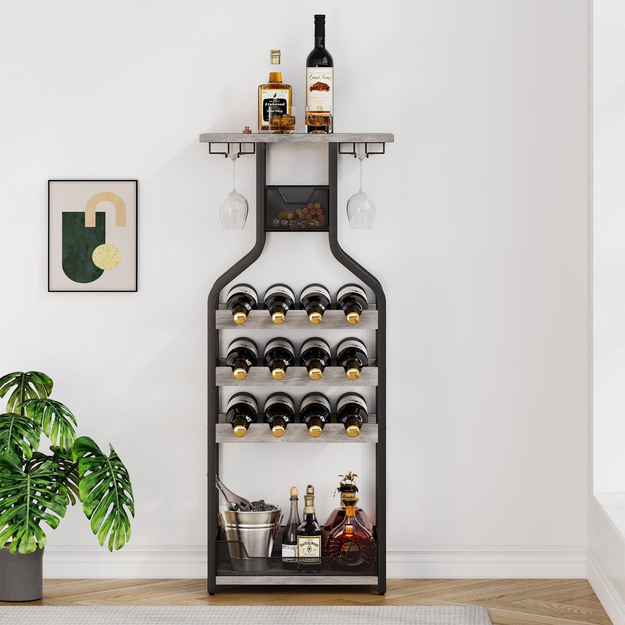 Metal Wine Rack Wine Bottle Holders Stands Freestanding Floor Wine Storage Organizer Display Rack Table Wine Glass Rack for Bar Kitchen Dining Living