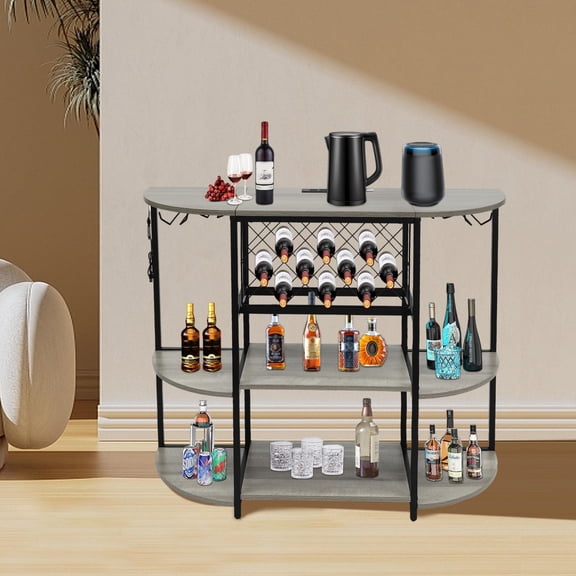 Metal Wine Rack Table, Coffee Bar Cabinet with Outlet and LED Light, Freestanding Floor Bottles Organizer & Display Shelf Floor Table for Kitchens Living Rooms Music Bars