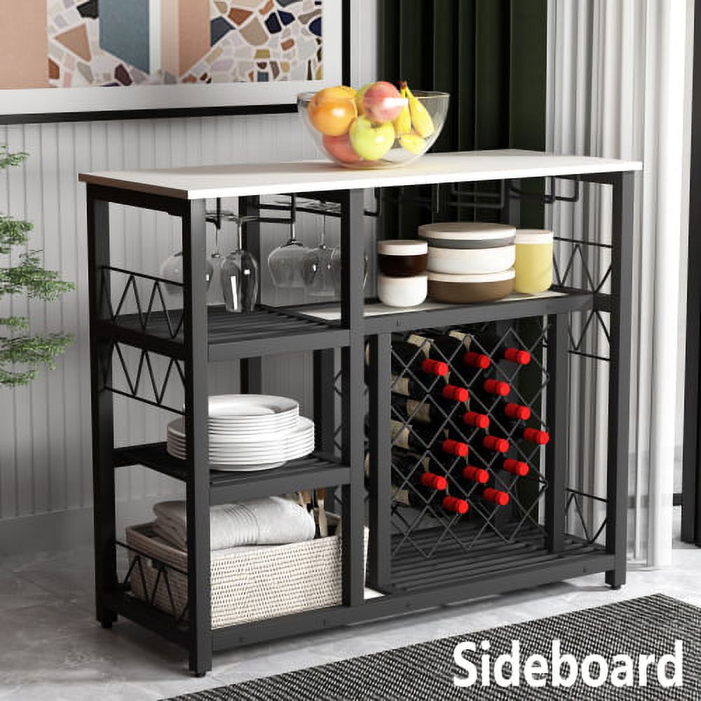 Aoibox Black Faux Marble 47.2 in. W Prep Table Kitchen Island Kitchen Rack Console Table W Shelves and Glass Rack, Black and White SNMX4567