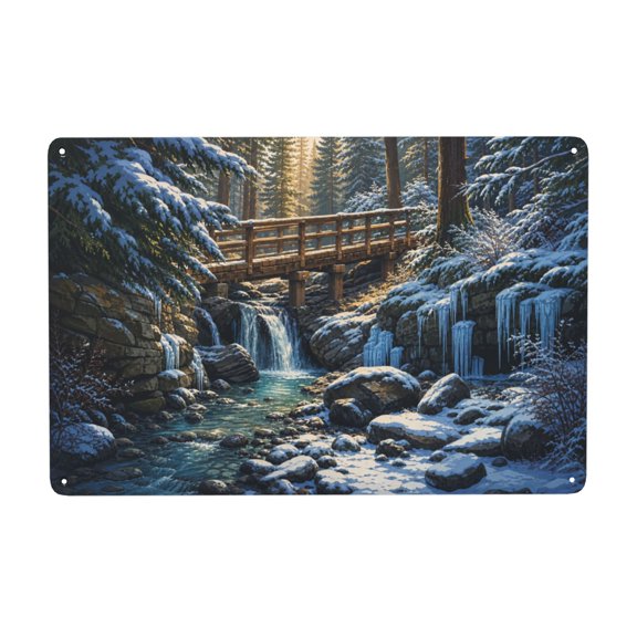 Metal Winter Bridge Scene Wall Decor Sign, Rustic 8x12 inch Vintage Style
