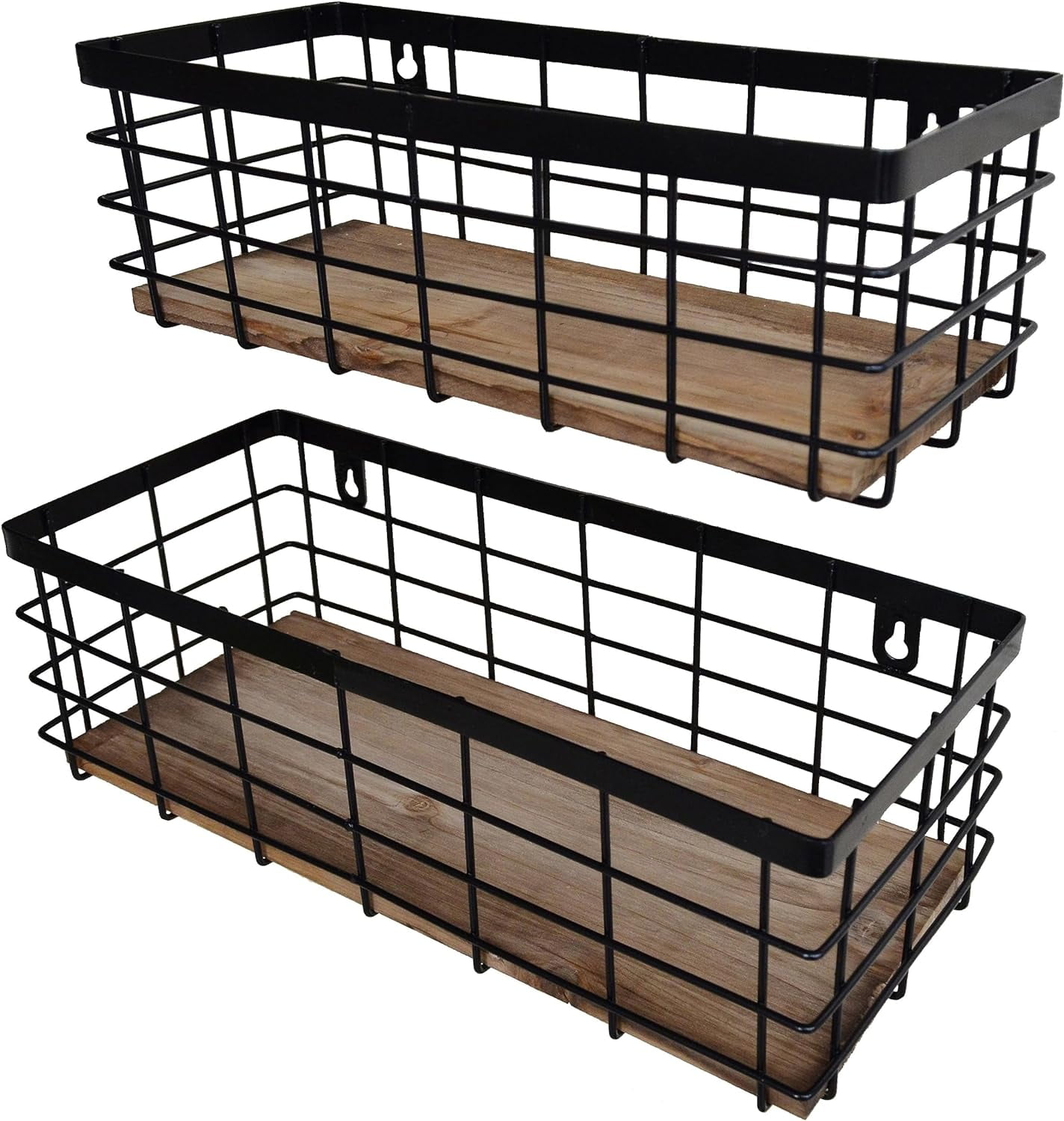 Black Metal Wire Basket with Wood Base Storage Organizer Set of 2