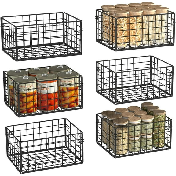 Metal Wire Basket Pantry Baskets Foldable Cabinet Organizers with Handles-6 Pack-12"x9"X6", Food Storage Freezer Organizer Bins for Kitchen Bathroom Laundry Closet Garage - Patent Design