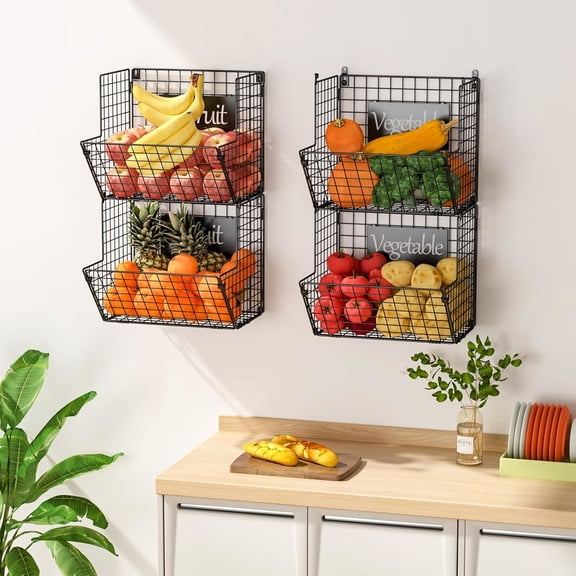 Metal Wire Basket Wall Mount, 4 Tier Extra Large Wall Storage Basket Organizer with Chalkboards, Kitchen Fruits and Vegetables Produce Bin Rack Toys Organizer Bathroom Tower Baskets (Black)