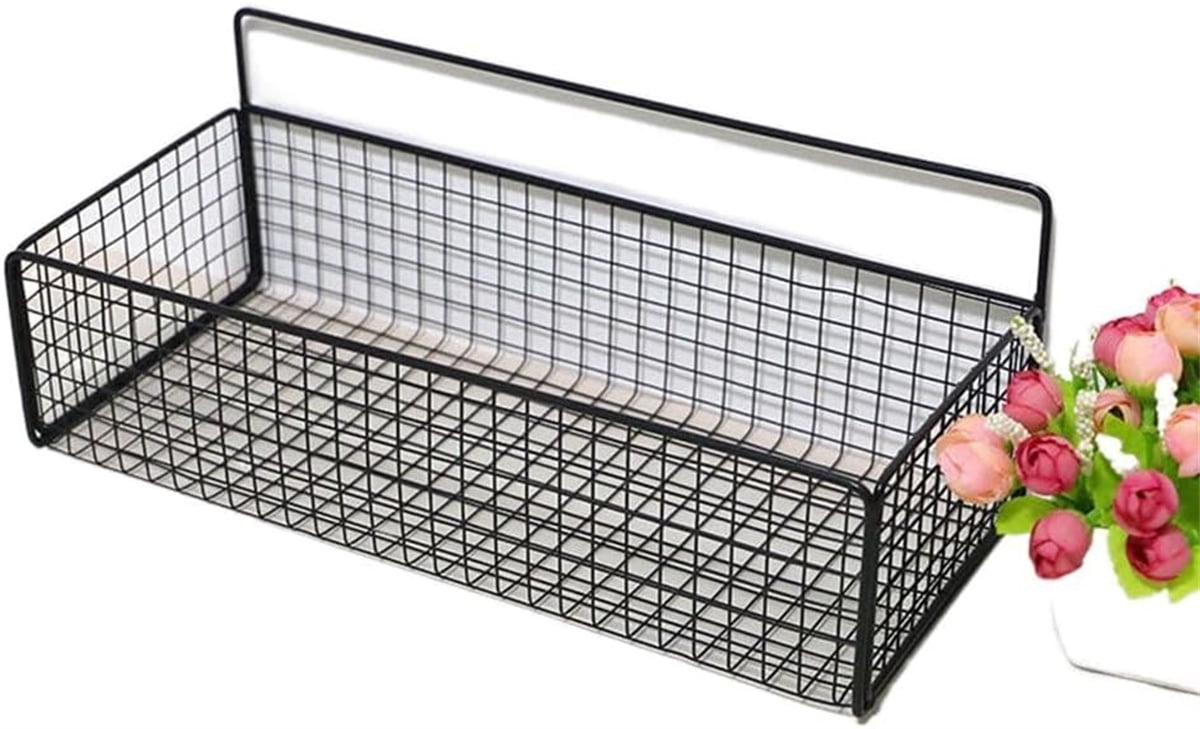 Metal Wire Basket Wall Mount, GIXUSIL Bathroom Storage Basket, 1Pcs Adhesive Fruit Kitchens Hanging Living, Room Wire Baskets, Food Storage Bin for Kitchen (14" x 6" x 4 ", Black)