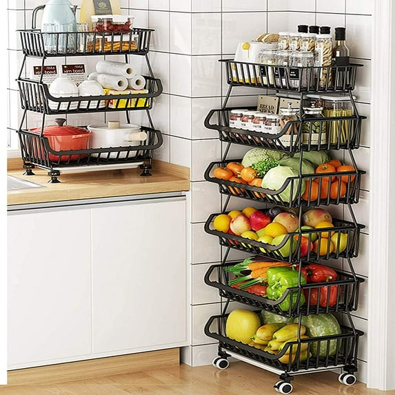 Metal Wire Baskets With Wheels 6 Tier Stackable Fruit Vegetable Basket Rack Storage Bins Shelf for Kitchen Pantry,Market, Garage