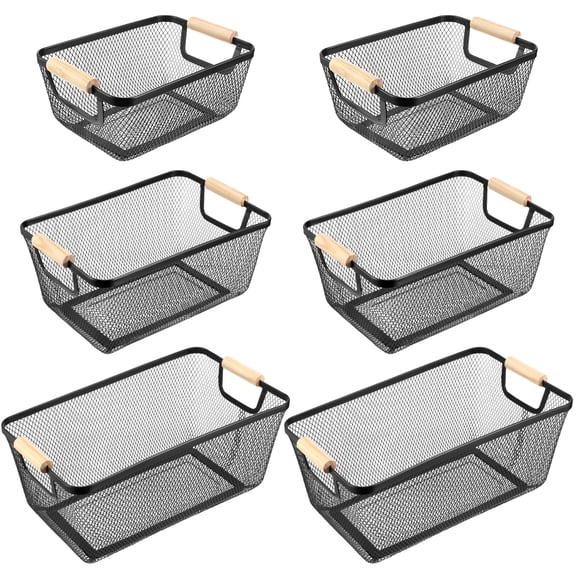 Metal Wire Baskets with Wooden Handles Rust Proof Steel Mesh Storage Bins Multi Purpose Organizer Containers for Kitchen Pantry Bathroom Cabinets