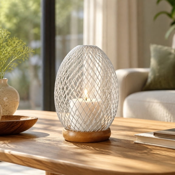 Metal Wire Cage Candle Holder, Egg-Shaped Iron Tabletop Lantern with Wood Base for Home, Wedding and Dining Decor