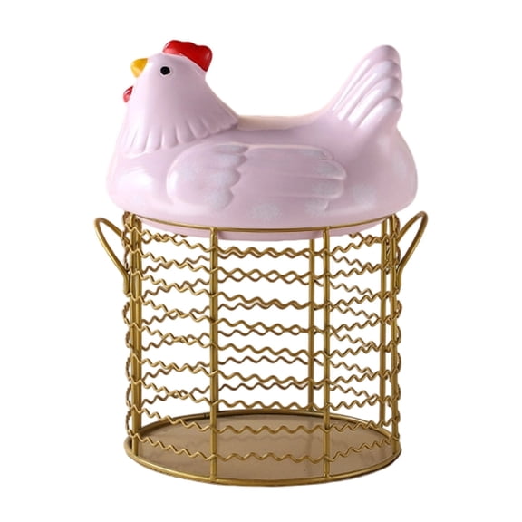 Metal Wire Chicken Egg Storage Basket with Ceramic Chicken Design Lid, Decorative Fresh Egg Holder Portable Round Collecting Basket, Kitchen Countertop Organizer for Eggs Vegetables Pantry Use