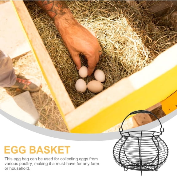 Metal Wire Egg Basket Easter Farmhouse Round Iron Fruit Basket with Handle Egg Food Collecting Holder Countertop Kitchen Storage Rustic Table Spring Festival Party Centerpiece Decor, Black