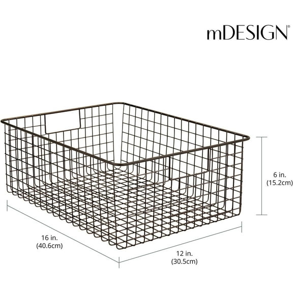 Metal Wire Food Storage Basket Organizer with Handles for Kitchen Cabinets Pantry Shelf Bathroom Laundry Room Closets Garage - Concerto Collection - 2 Pack - Bronze