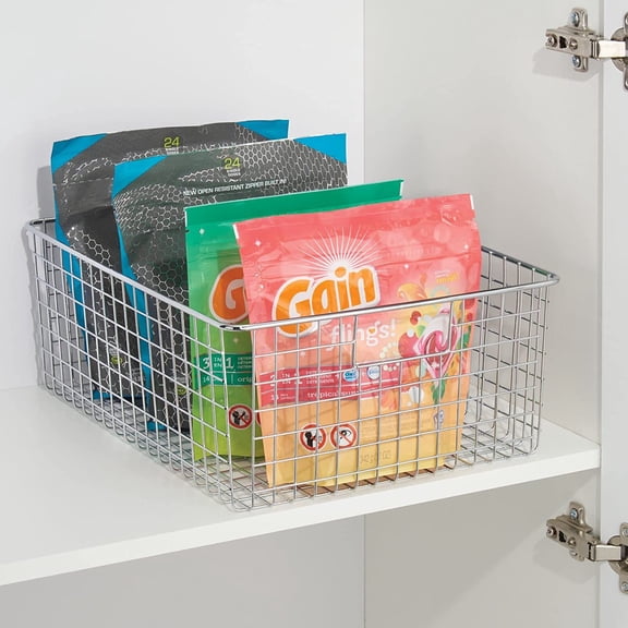 Metal Wire Food Storage Basket Organizer with Handles for Kitchen Cabinets Pantry Shelf Bathroom Laundry Room Closets Garage - Concerto Collection - 2 Pack - Chrome