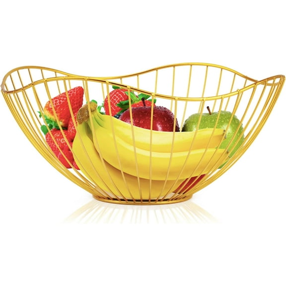Metal Wire Fruit Basket, Gold Fruit Bowl for Kitchen Counter, Fruit Holder Stand Storage Baskets for Countertop, Home Decor, Table Centerpieces, Vegetable Bowls for Fruits, Veggies, Snacks (Gold)