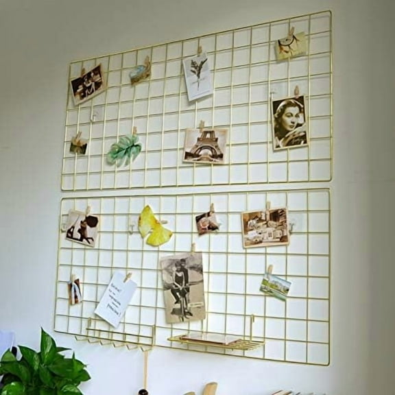 Metal Wire Grid Panel, Display Organizer, Postcard, Wall Artwork Display for Home Office Living Room Dorm Room, Kitchen Storage Grid Wall, 37.4" X 17.7", Pack of 2 Pcs, Gold