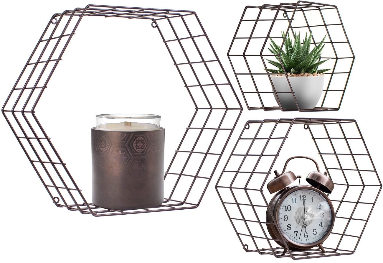 Metal Wire Hexagon Design Wall Mounted Floating Shelves, Set of 3 - Bronze