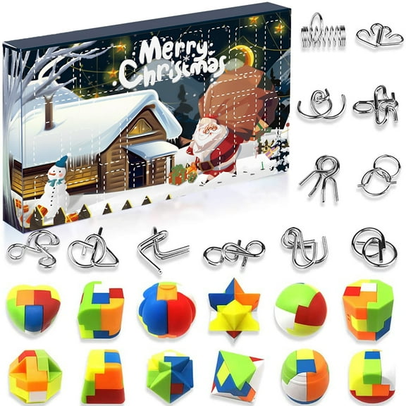 Metal Wire and Plastic Puzzles Christmas Advent Calendar 2021 Christmas Countdown Calendar with 24pcs Brain Teaser Toy New Year Gift Box Xmas Holiday Party Favors for Adults Teens Boys Girls
